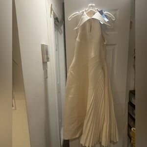 Asymmetrical Pleated Cream Dress with Sculpted Collar